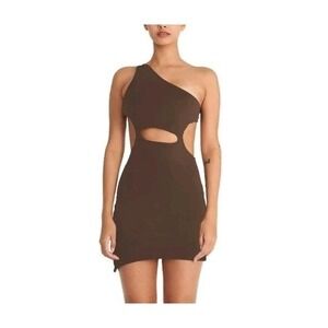YUYU Active Brown One Shoulder Cutout Mini Dress Sz S‎ Bodycon Sexy Night Out
